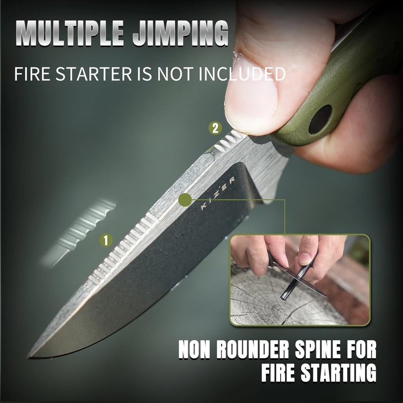 KIZER سكين ثابتة من هاري مع غمد، شفرة نيترو V بطول 3.14"، سكين صيد EDC مع مقبض G10 باللون الأخضر الزيتوني، سكاكين صغيرة للبوشكرافت، سكاكين تخييم خارجية للرجال والنساء، 1077M2 - Image 4